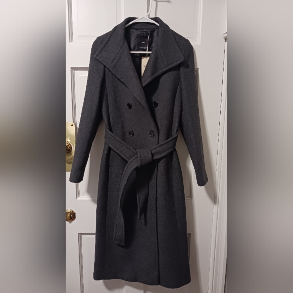 MNG Mango *Committed* Belted Double Breasted Wool Coat, Drk Gray Sz XXS NWT - Picture 2 of 15